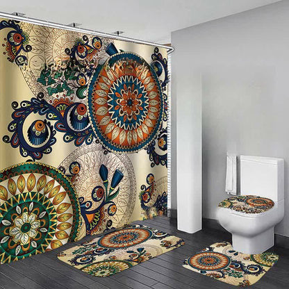 Bohemian Print Waterproof Shower Curtain Mat Set - C - Shower Curtain with Mat Set - 15" x 18"+15" x 16"+18" x 29"+71" x 71" - image 3
