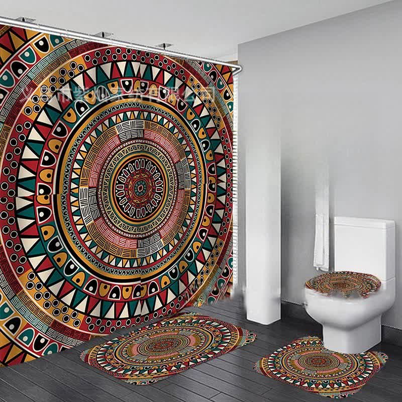 Bohemian Print Waterproof Shower Curtain Mat Set - G - Shower Curtain with Mat Set - 15" x 18"+15" x 16"+18" x 29"+71" x 71" - image 7