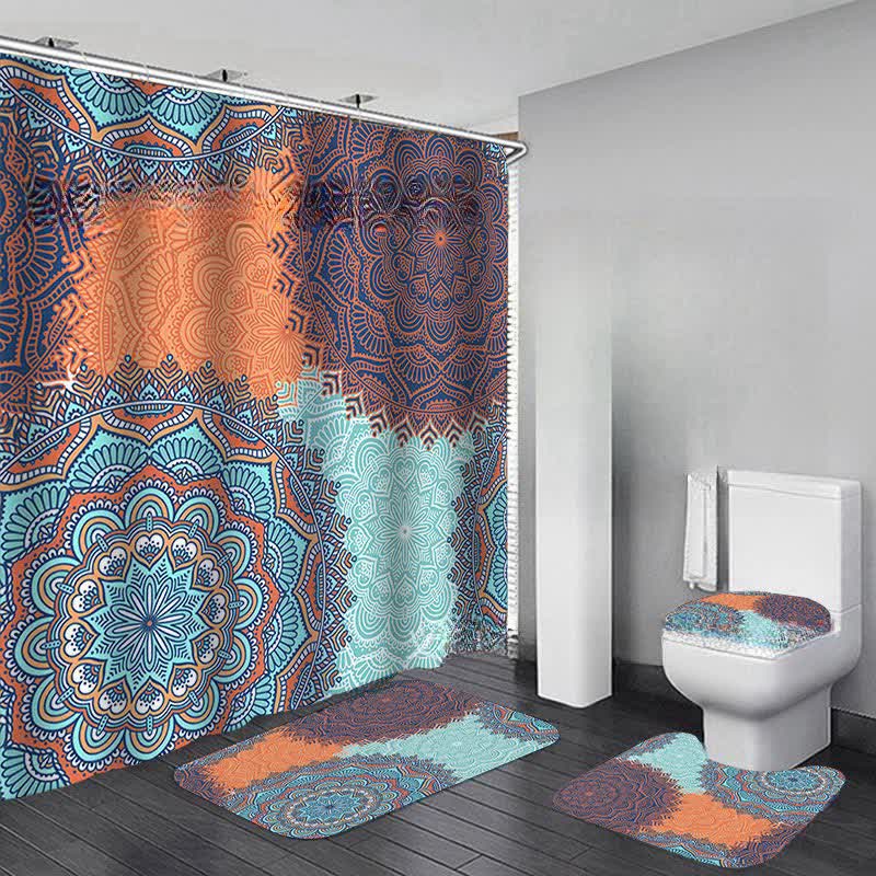 Bohemian Print Waterproof Shower Curtain Mat Set - B - Shower Curtain with Mat Set - 15" x 18"+15" x 16"+18" x 29"+71" x 71" - image 1