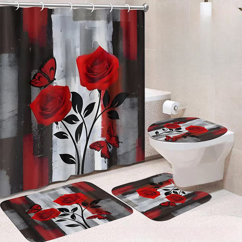 Luxurious Botanical Flower Waterproof Shower Curtain Mat Set - B - Shower Curtain with Mat Set - 15" x 18"+15" x 16"+18" x 29"+71" x 71" - image 1