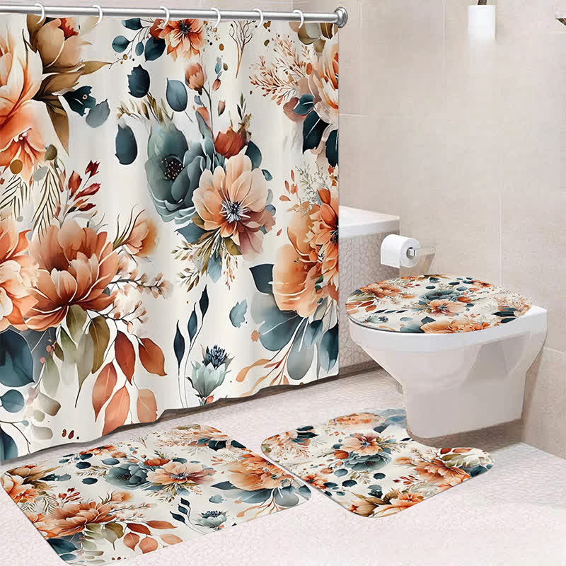 Luxurious Botanical Flower Waterproof Shower Curtain Mat Set - F - Shower Curtain with Mat Set - 15" x 18"+15" x 16"+18" x 29"+71" x 71" - image 5