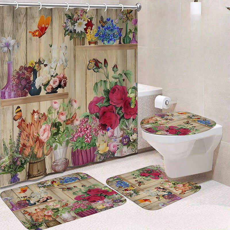 Luxurious Botanical Flower Waterproof Shower Curtain Mat Set - E - Shower Curtain with Mat Set - 15" x 18"+15" x 16"+18" x 29"+71" x 71" - image 4