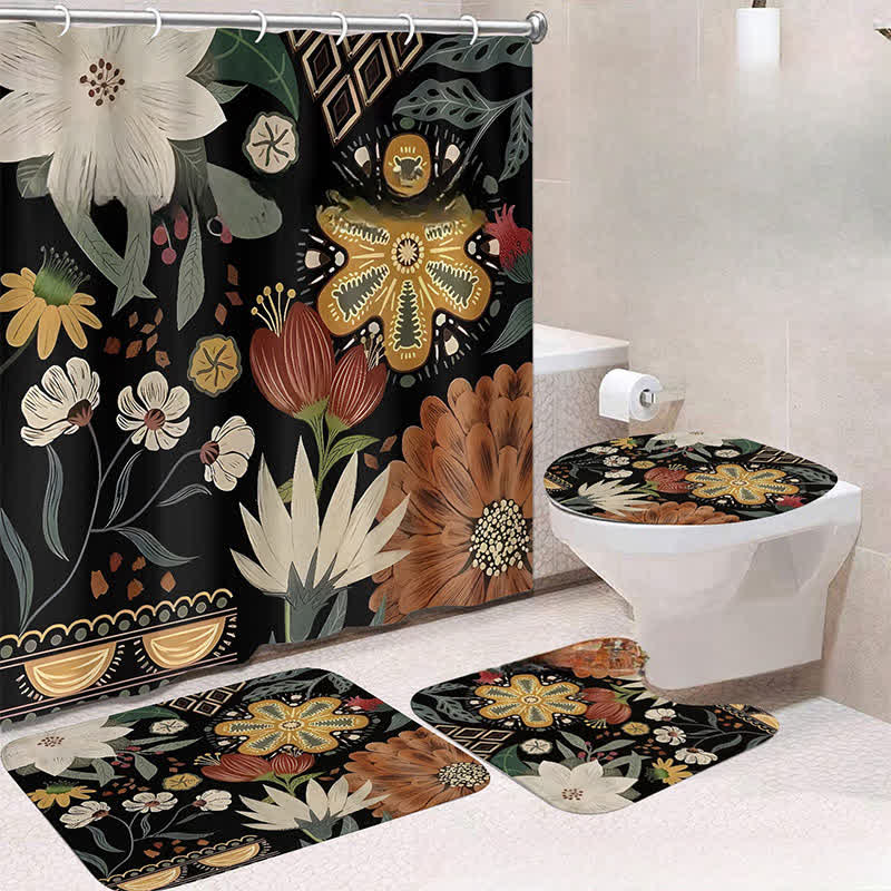 Luxurious Botanical Flower Waterproof Shower Curtain Mat Set - D - Shower Curtain with Mat Set - 15" x 18"+15" x 16"+18" x 29"+71" x 71" - image 3