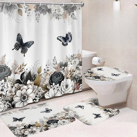 Luxurious Botanical Flower Waterproof Shower Curtain Mat Set - A - Shower Curtain with Mat Set - 15" x 18"+15" x 16"+18" x 29"+71" x 71" - image 0