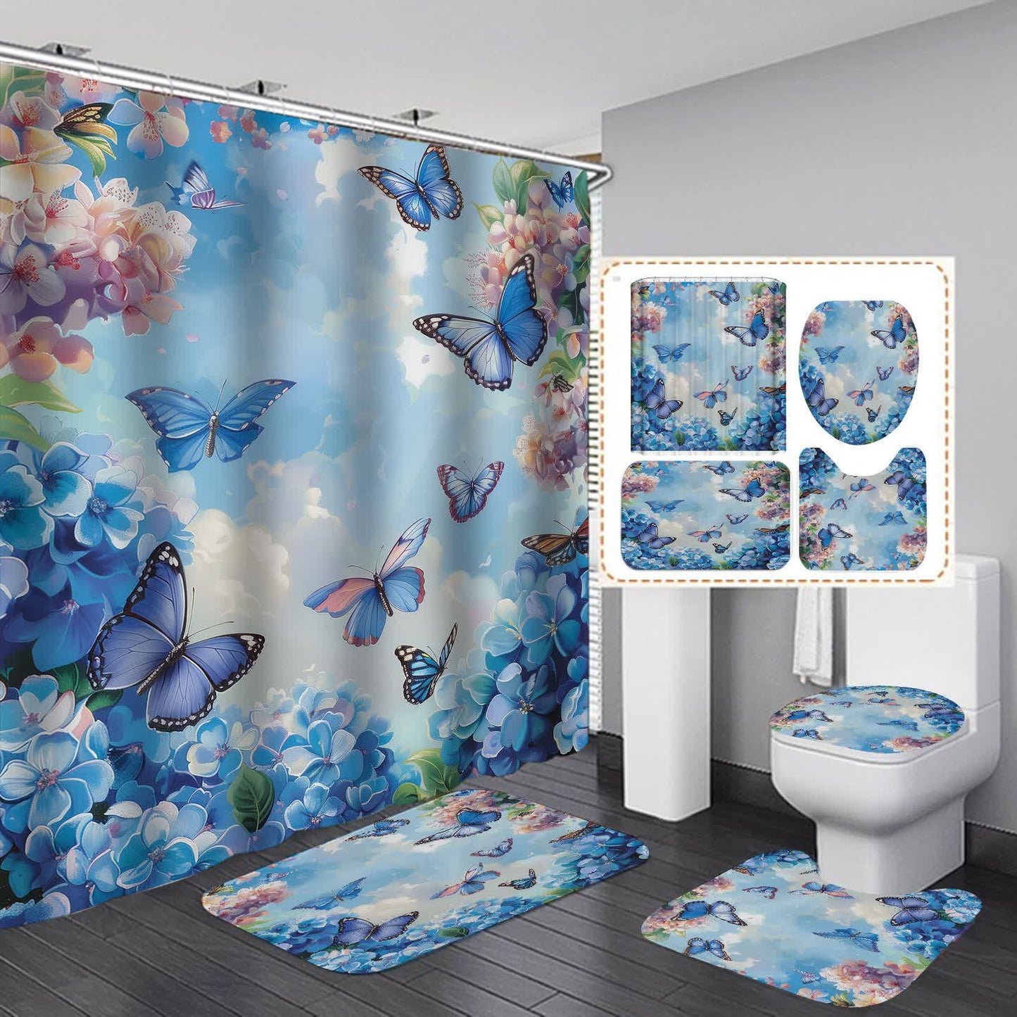 Floral Butterfly Waterproof Shower Curtain  - C - 15" x 18"+15" x 16"+18" x 29" - image 2