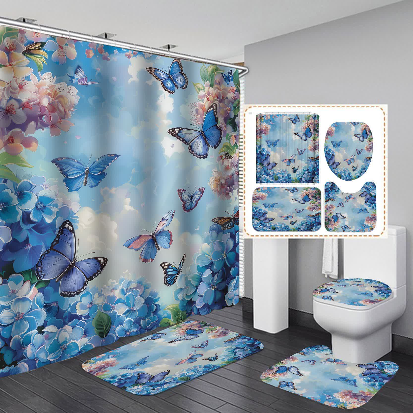 Floral Butterfly Waterproof Shower Curtain  - C - 15" x 18"+15" x 16"+18" x 29" - image 2