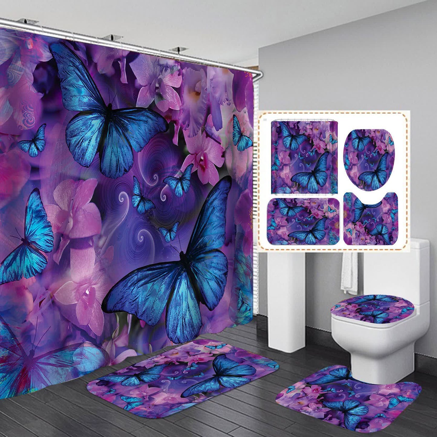 Floral Butterfly Waterproof Shower Curtain  - D - 15" x 18"+15" x 16"+18" x 29" - image 3