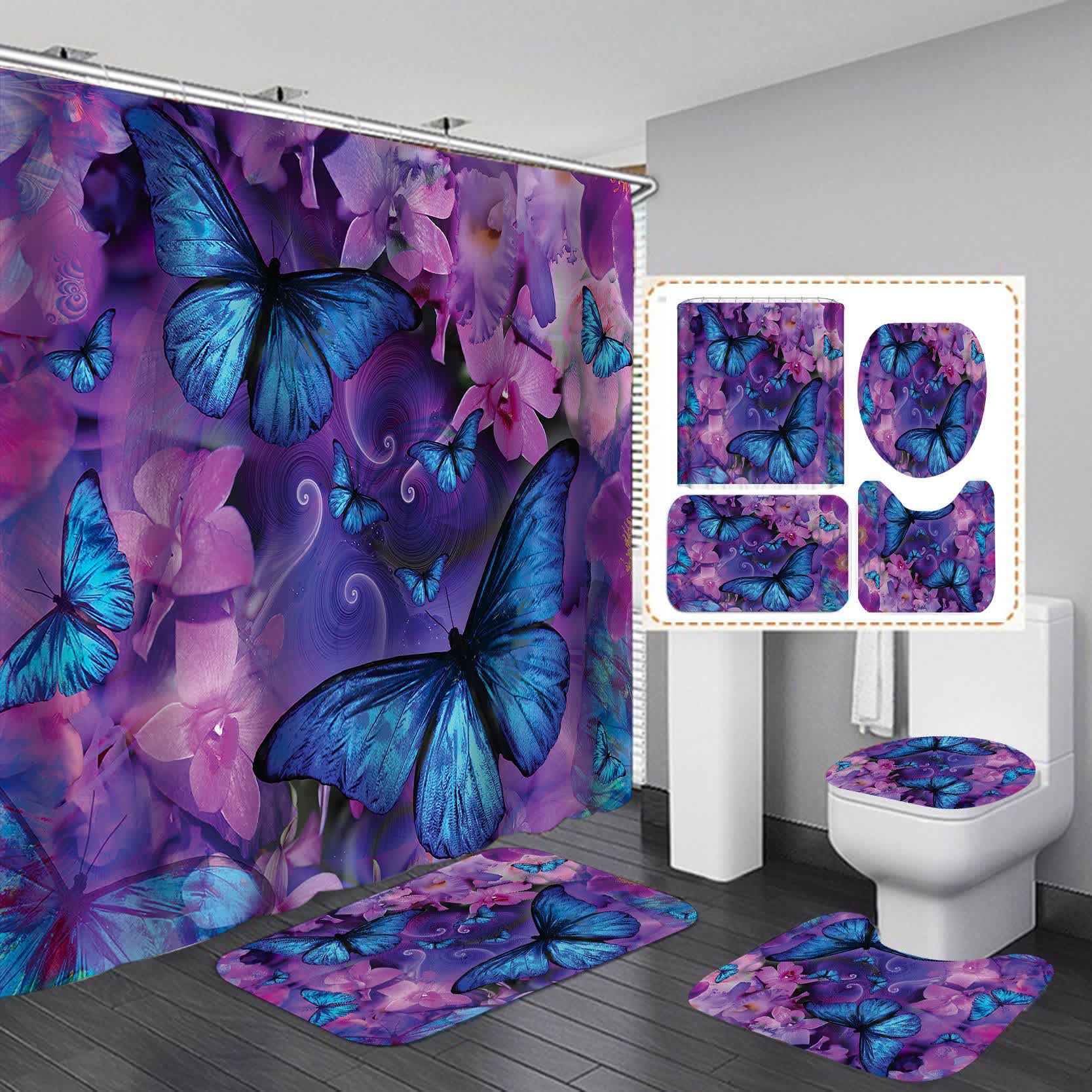 Floral Butterfly Waterproof Shower Curtain  - D - 15" x 18"+15" x 16"+18" x 29" - image 3