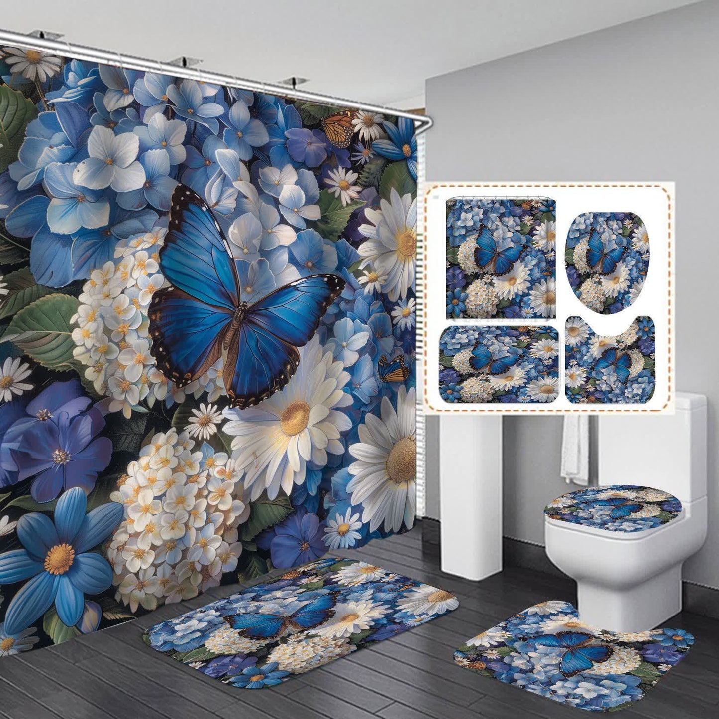Floral Butterfly Waterproof Shower Curtain  - F - 15" x 18"+15" x 16"+18" x 29" - image 5