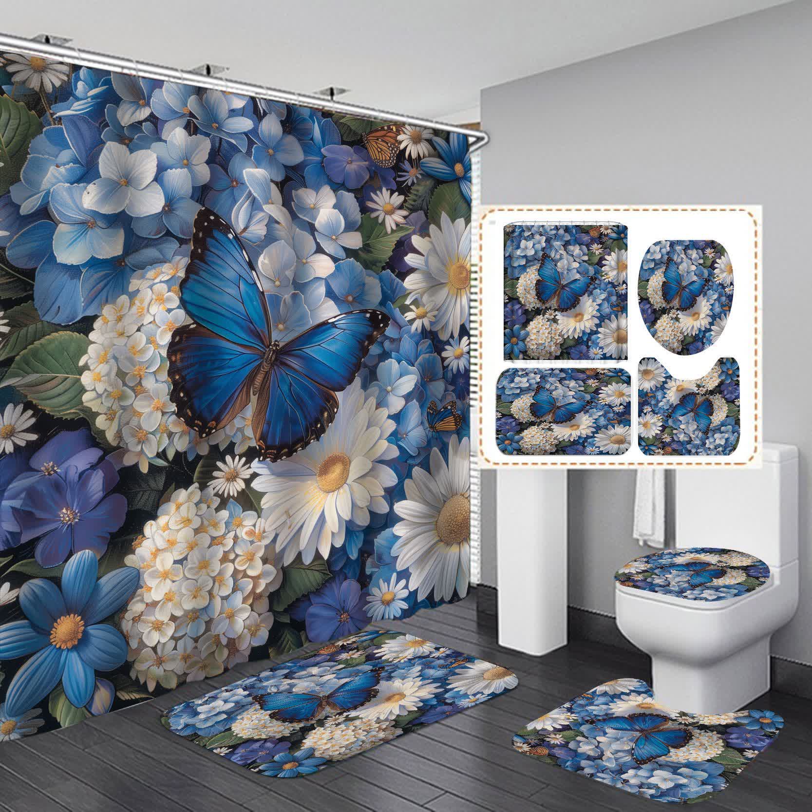 Floral Butterfly Waterproof Shower Curtain  - F - 15" x 18"+15" x 16"+18" x 29" - image 5