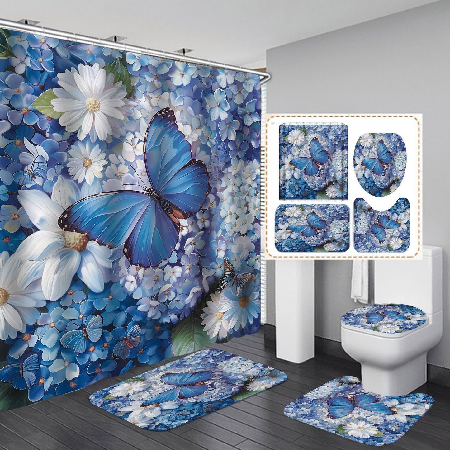 Floral Butterfly Waterproof Shower Curtain  - G - 15" x 18"+15" x 16"+18" x 29" - image 6