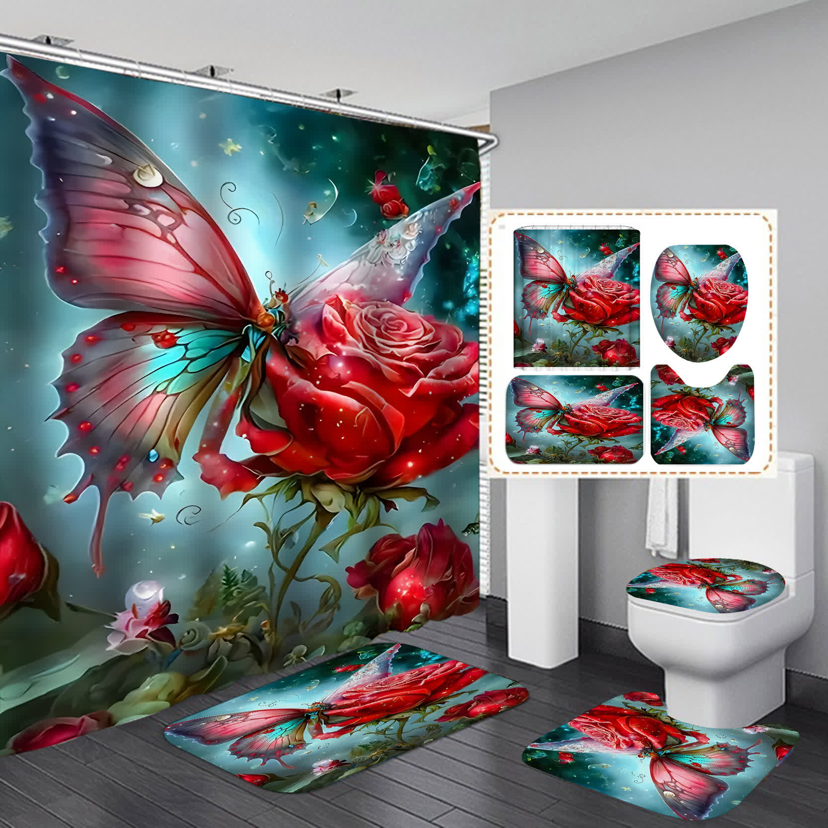 Floral Butterfly Waterproof Shower Curtain  - H - 15" x 18"+15" x 16"+18" x 29" - image 7