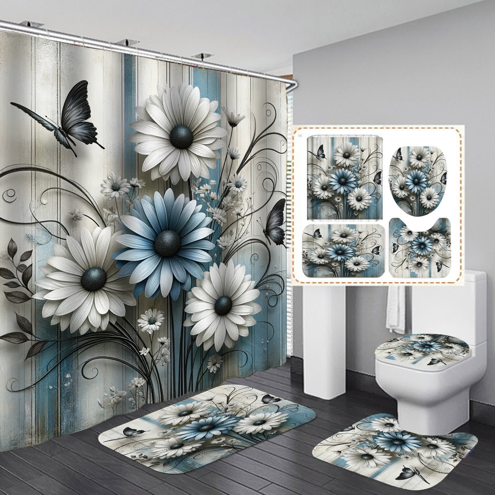 Floral Butterfly Waterproof Shower Curtain  - J - 15" x 18"+15" x 16"+18" x 29" - image 9