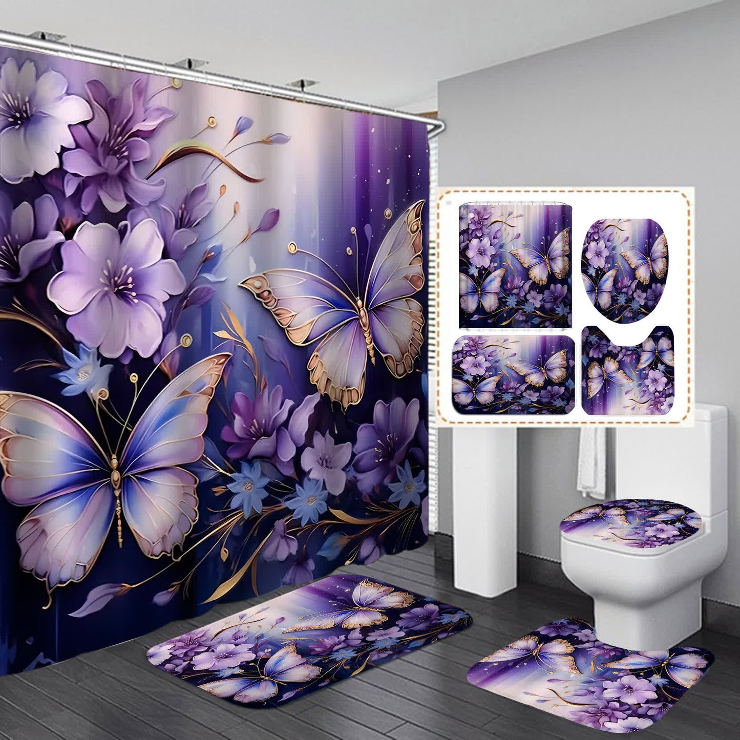 Floral Butterfly Waterproof Shower Curtain  - I - 15" x 18"+15" x 16"+18" x 29" - image 8