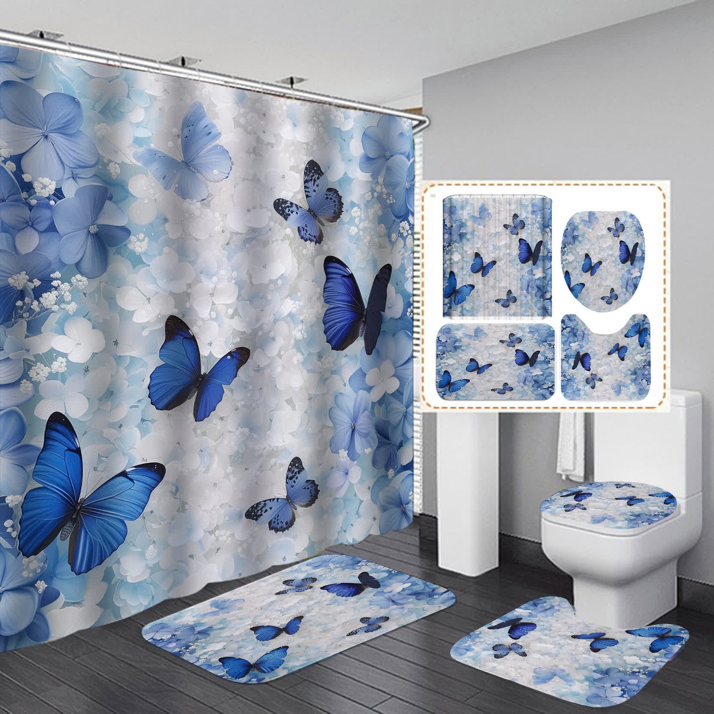 Floral Butterfly Waterproof Shower Curtain  - B - 15" x 18"+15" x 16"+18" x 29" - image 1