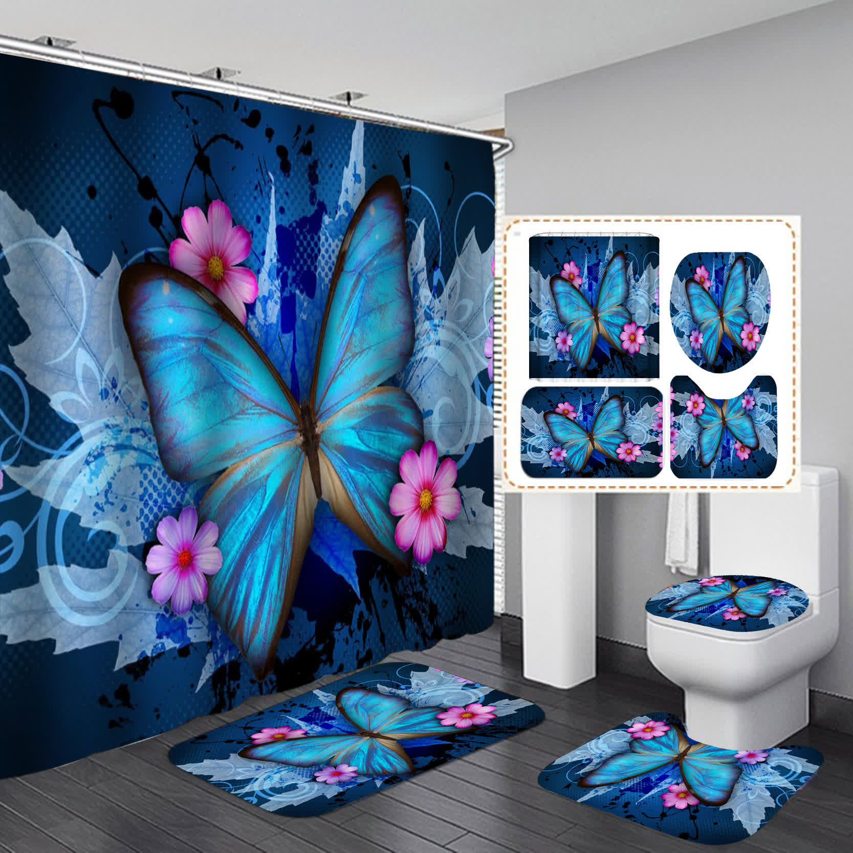 Floral Butterfly Waterproof Shower Curtain  - K - 15" x 18"+15" x 16"+18" x 29" - image 10