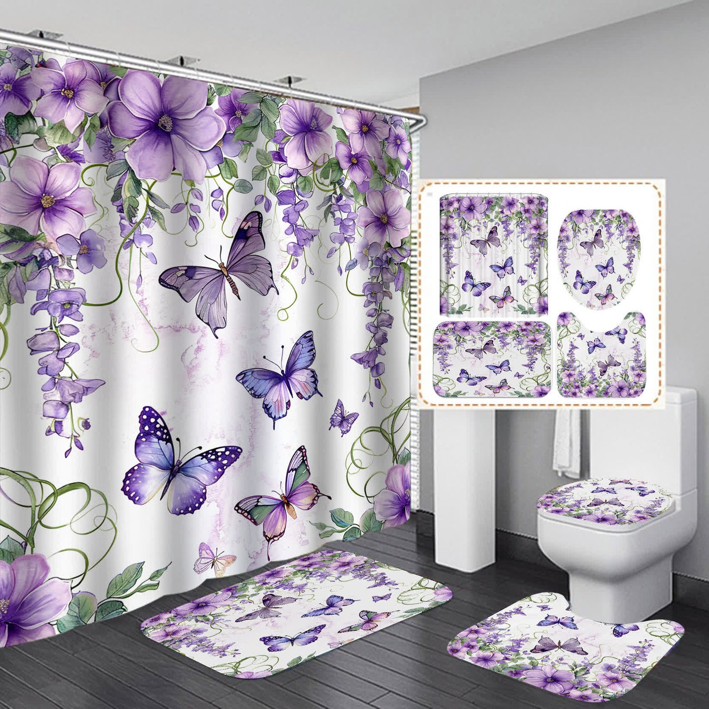 Floral Butterfly Waterproof Shower Curtain  - A - 15" x 18"+15" x 16"+18" x 29" - image 0
