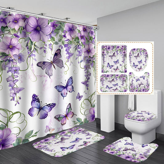 Floral Butterfly Waterproof Shower Curtain  - A - 15" x 18"+15" x 16"+18" x 29" - image 0