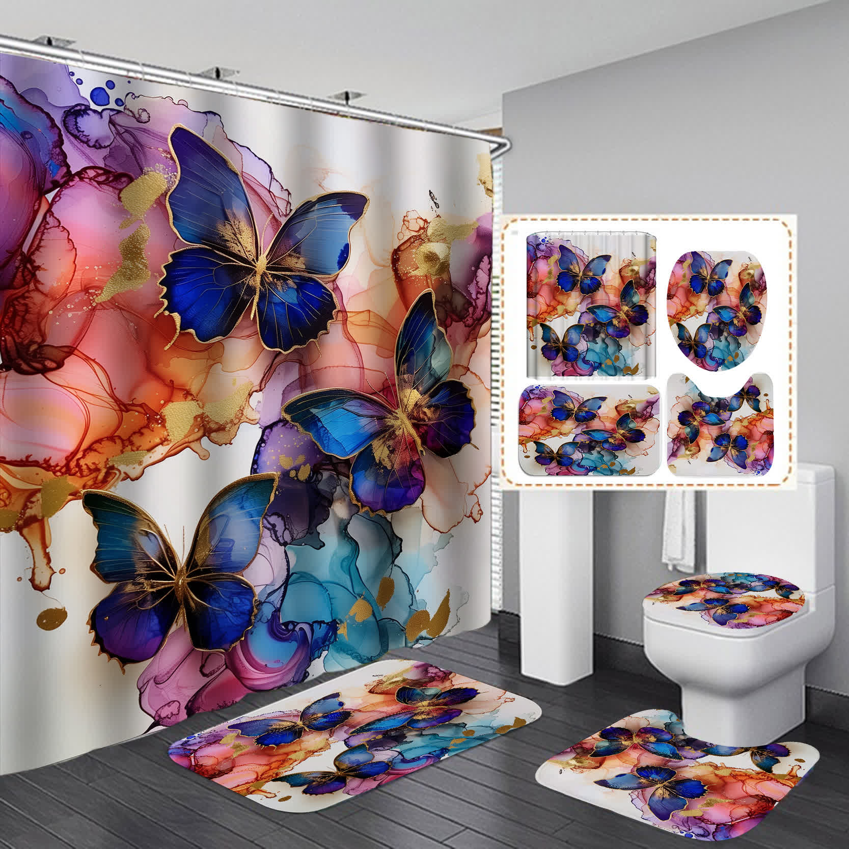 Floral Butterfly Waterproof Shower Curtain  - E - 15" x 18"+15" x 16"+18" x 29" - image 4
