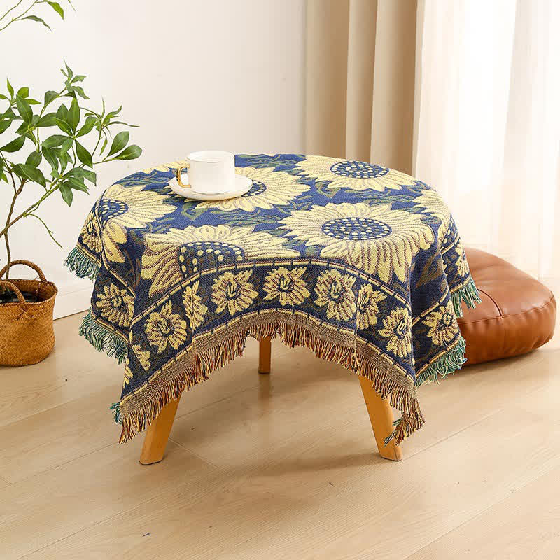 Vintage Jacquard Gerbera Blue Sunflower Tablecloth - B - Round - 71" - image 5