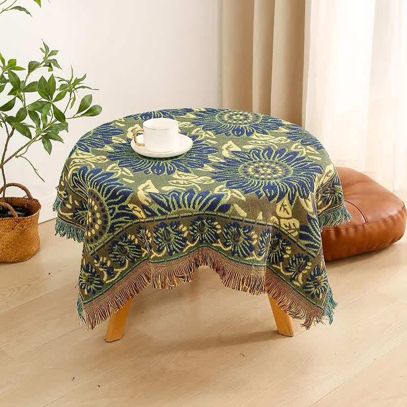 Vintage Jacquard Gerbera Blue Sunflower Tablecloth - image 8