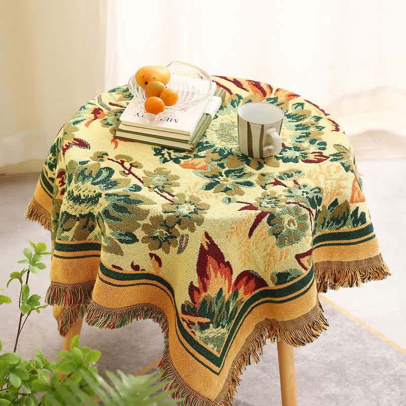 Vintage Jacquard Gerbera Blue Sunflower Tablecloth - image 1