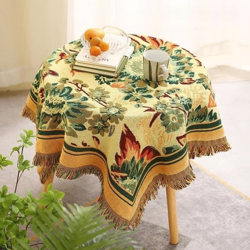 Vintage Jacquard Gerbera Blue Sunflower Tablecloth - A - Round - 71" - image 0