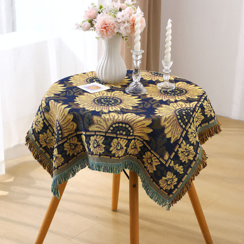 Vintage Jacquard Gerbera Blue Sunflower Tablecloth - image 6