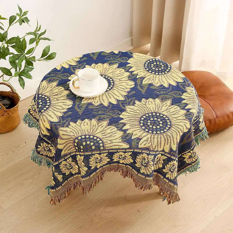 Vintage Jacquard Gerbera Blue Sunflower Tablecloth - image 7