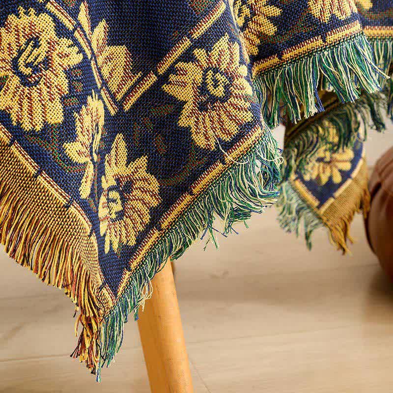 Vintage Jacquard Gerbera Blue Sunflower Tablecloth - image 10