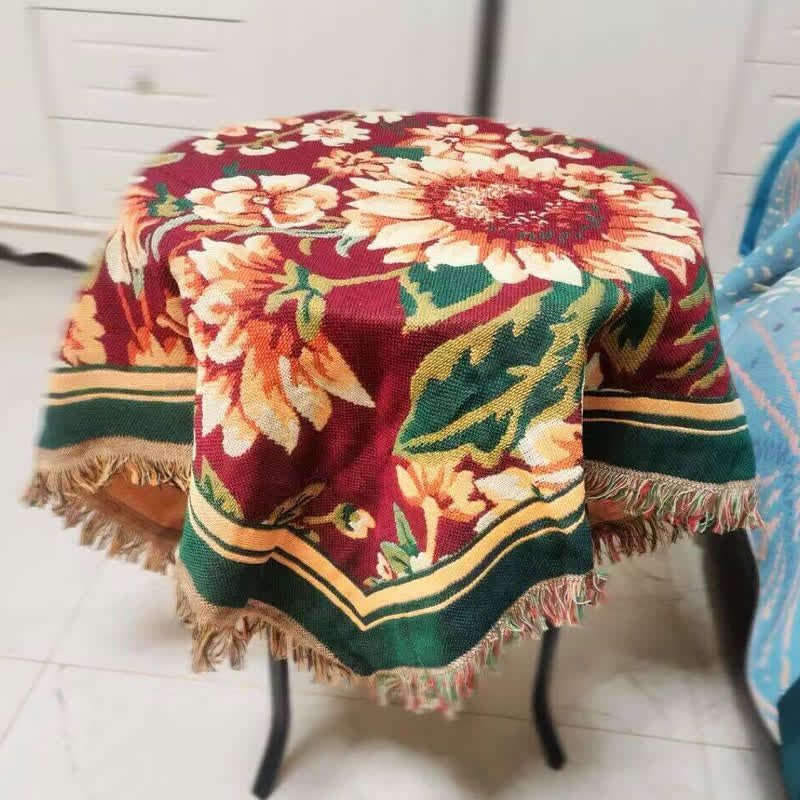 Vintage Jacquard Gerbera Blue Sunflower Tablecloth - image 2