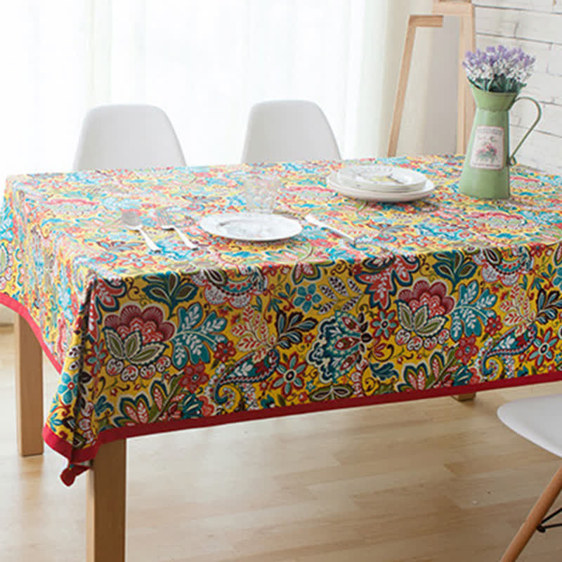 Boho Colorful Botanical Flower Tablecloth - Red - Round - 55" - image 3