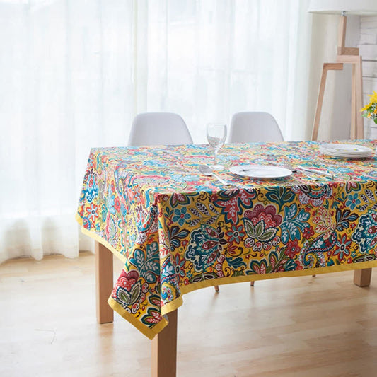 Boho Colorful Botanical Flower Tablecloth - Yellow - Round - 55" - image 0