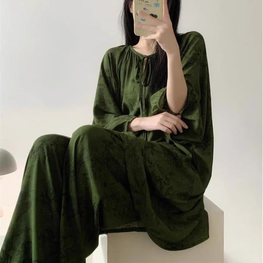 Retro Plus Size Soft Floral Nightwear Set - Dark Green - 4XL - image 0