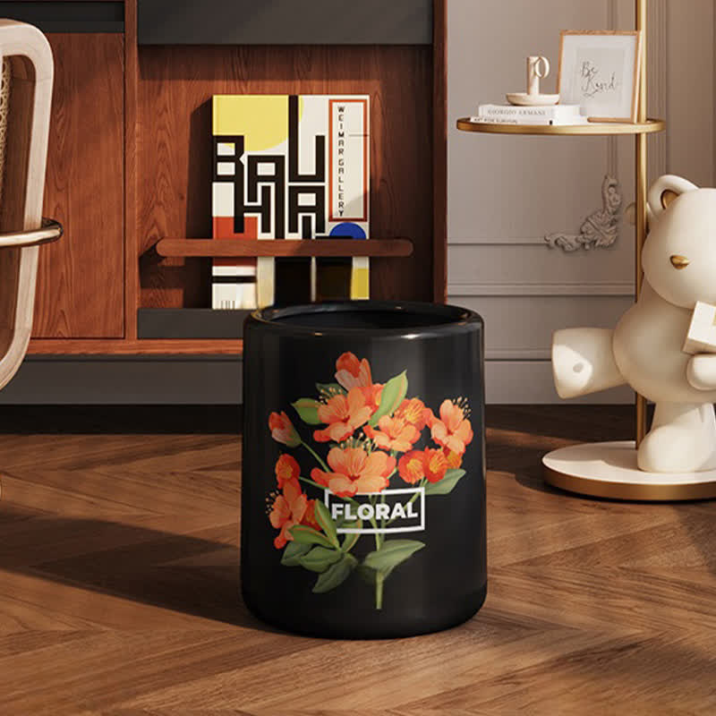 Durable Double Layer Vintage Floral Trash Can - Black & Orange - 9"W x 9"L x 12"H - image 5