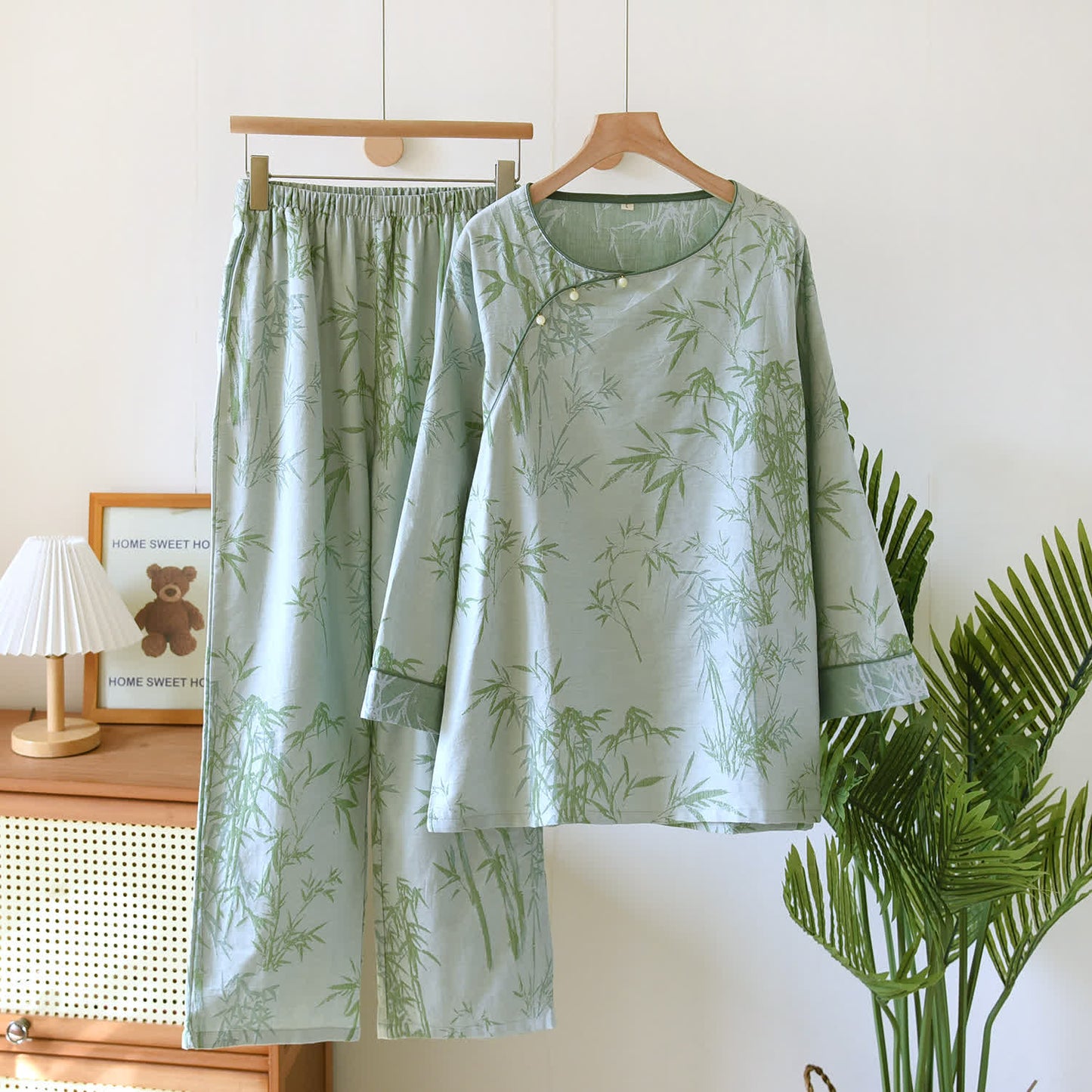 Jacquard Bamboo Double Layer Gauze Nightwear Set - Green - 2XL - image 3