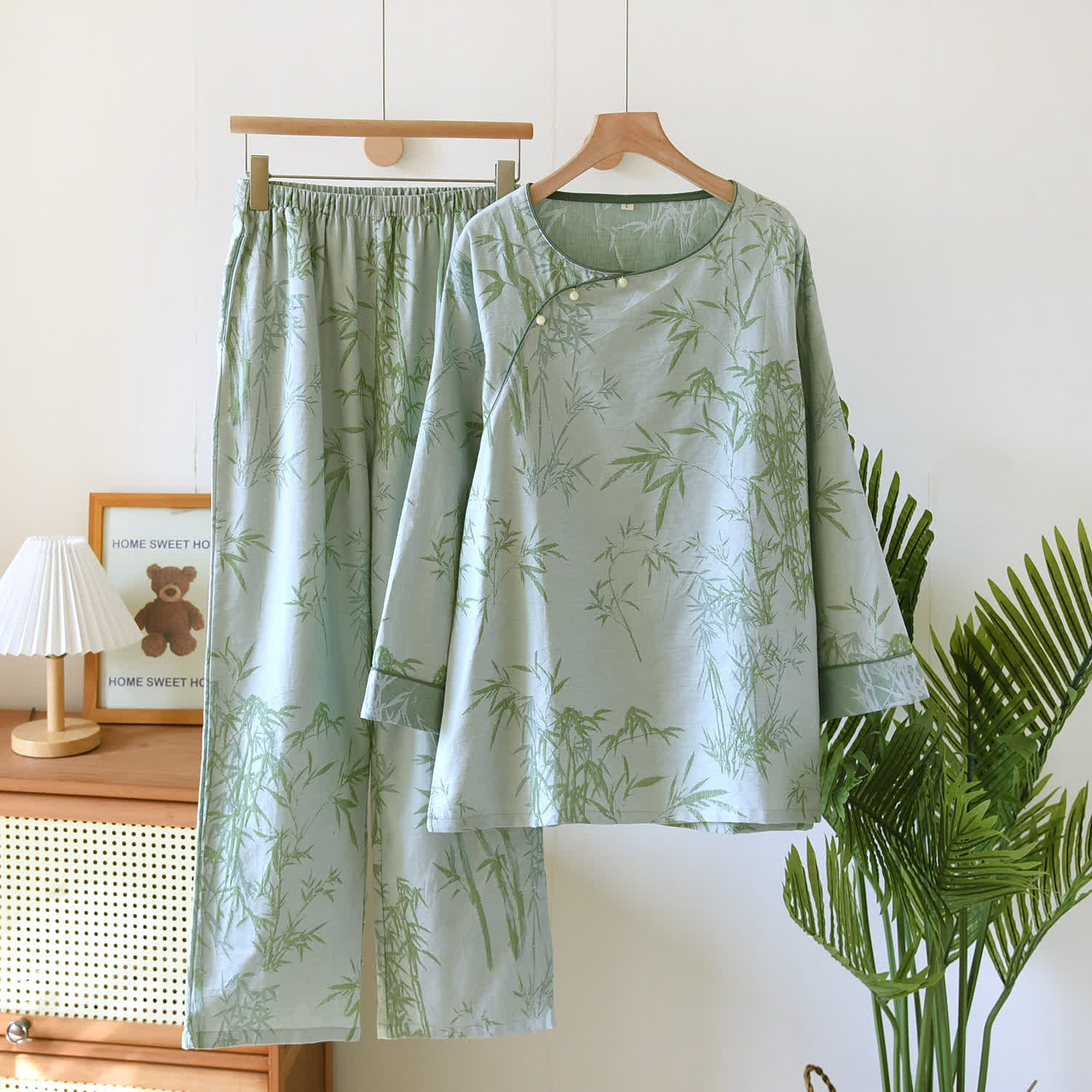 Jacquard Bamboo Double Layer Gauze Nightwear Set - Green - 2XL - image 3