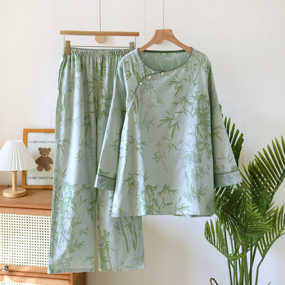 Jacquard Bamboo Double Layer Gauze Nightwear Set - Green - 2XL - image 3