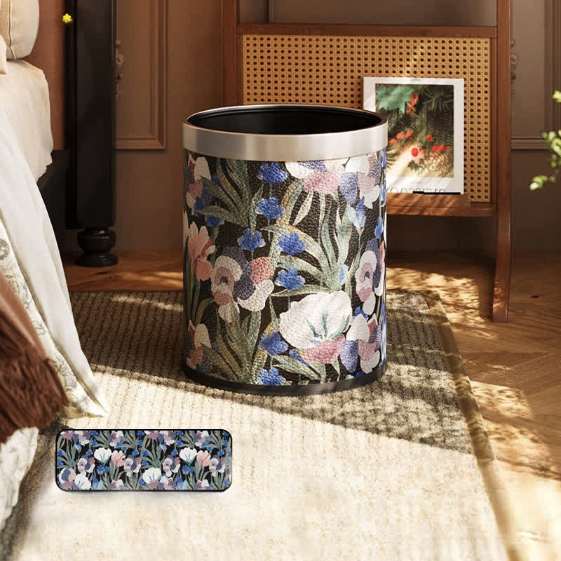 Vintage Pastoral Leather Large Capacity Trash Can - Black & Blue - Standard - 9"W x 9"L x 10"H - image 7