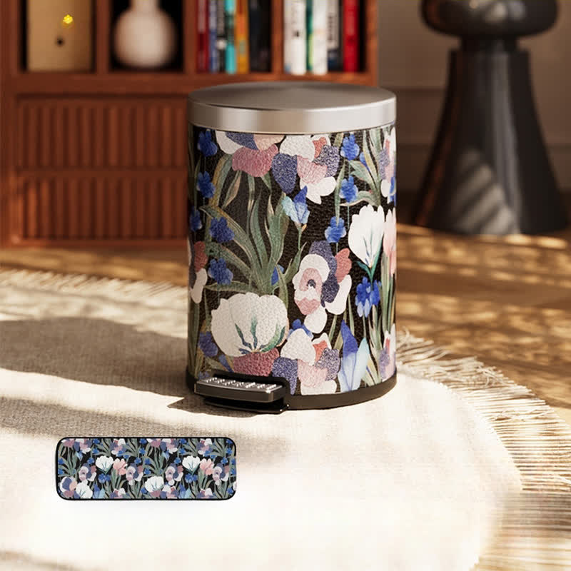 Vintage Pastoral Leather Large Capacity Trash Can - Black & Blue - Foot-operated - 11"W x 11"L x 14"H - image 10