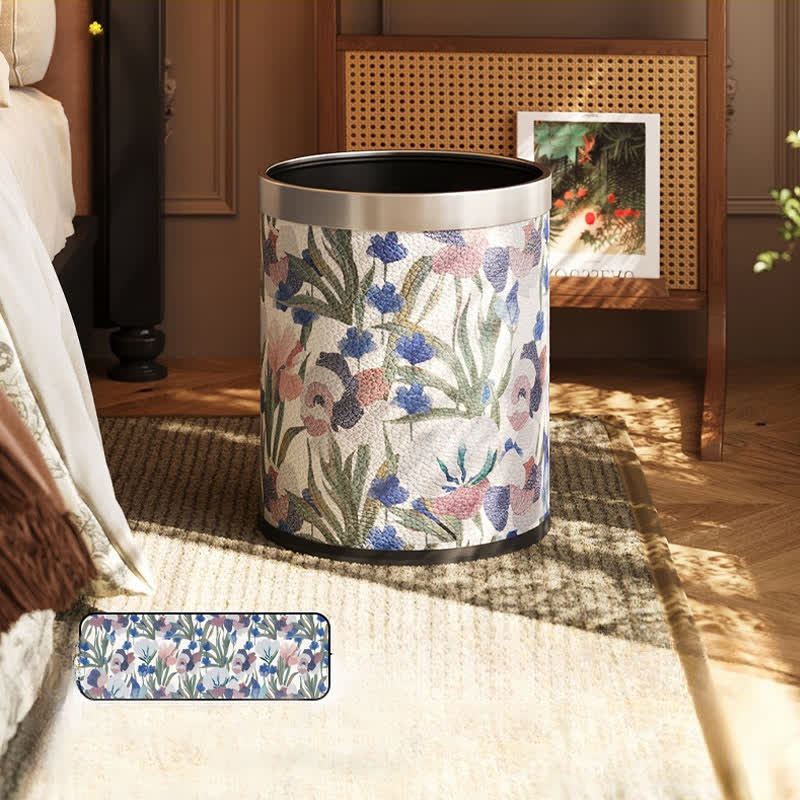 Vintage Pastoral Leather Large Capacity Trash Can - White & Blue - Standard - 9"W x 9"L x 10"H - image 2