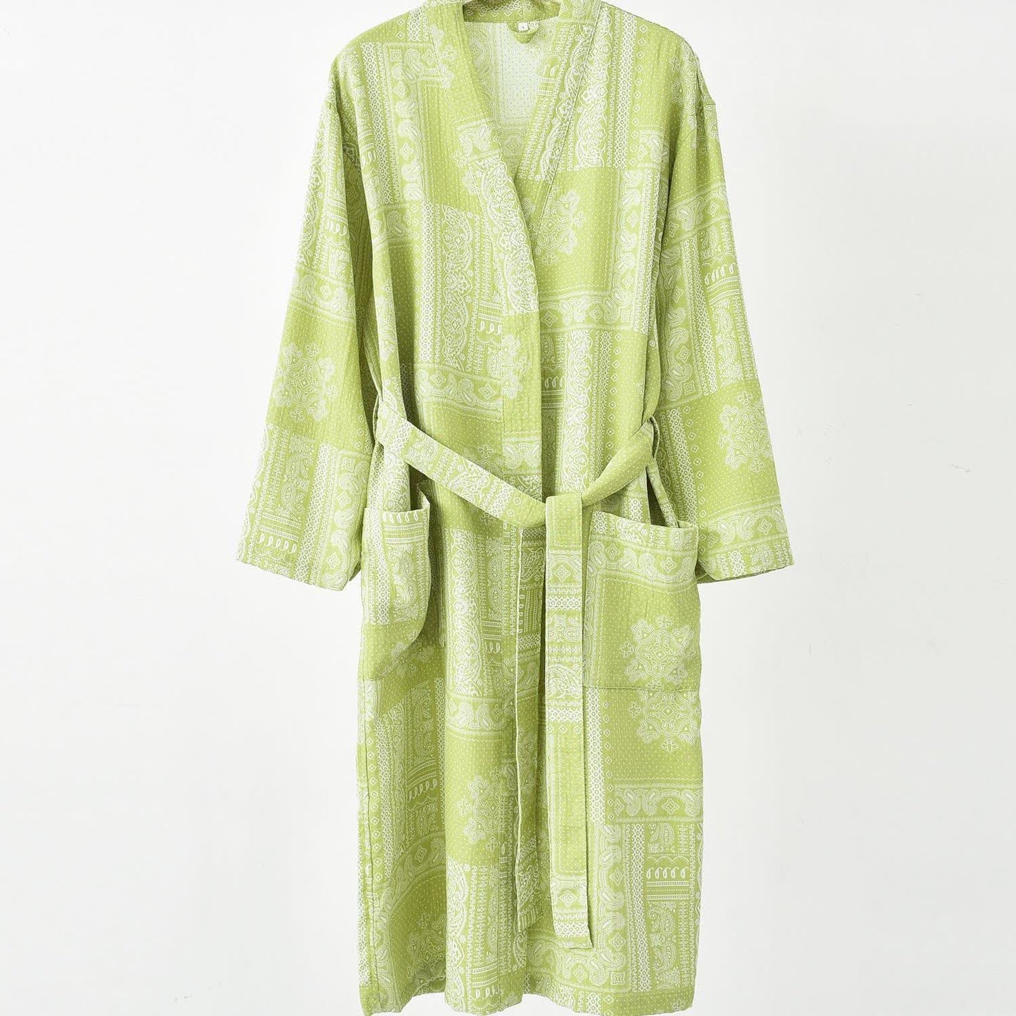 Jacquard Vintage Kimono Cotton Gauze Bathrobe - Green - 2XL - image 4