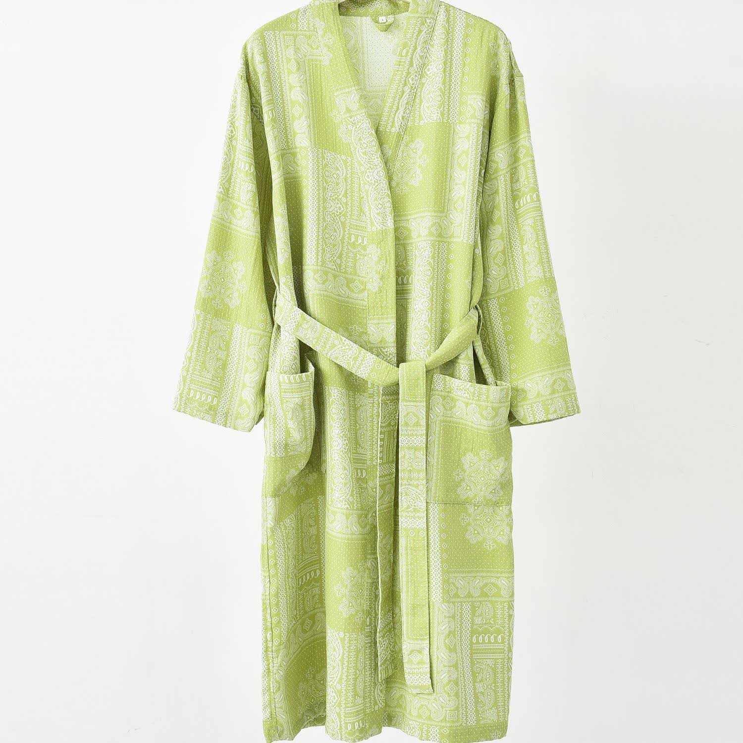 Jacquard Vintage Kimono Cotton Gauze Bathrobe - Green - 2XL - image 4