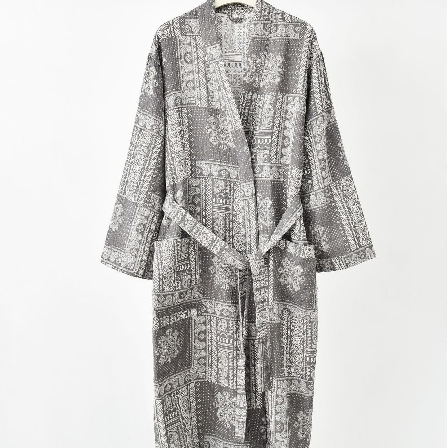 Jacquard Vintage Kimono Cotton Gauze Bathrobe - Gray - 2XL - image 5