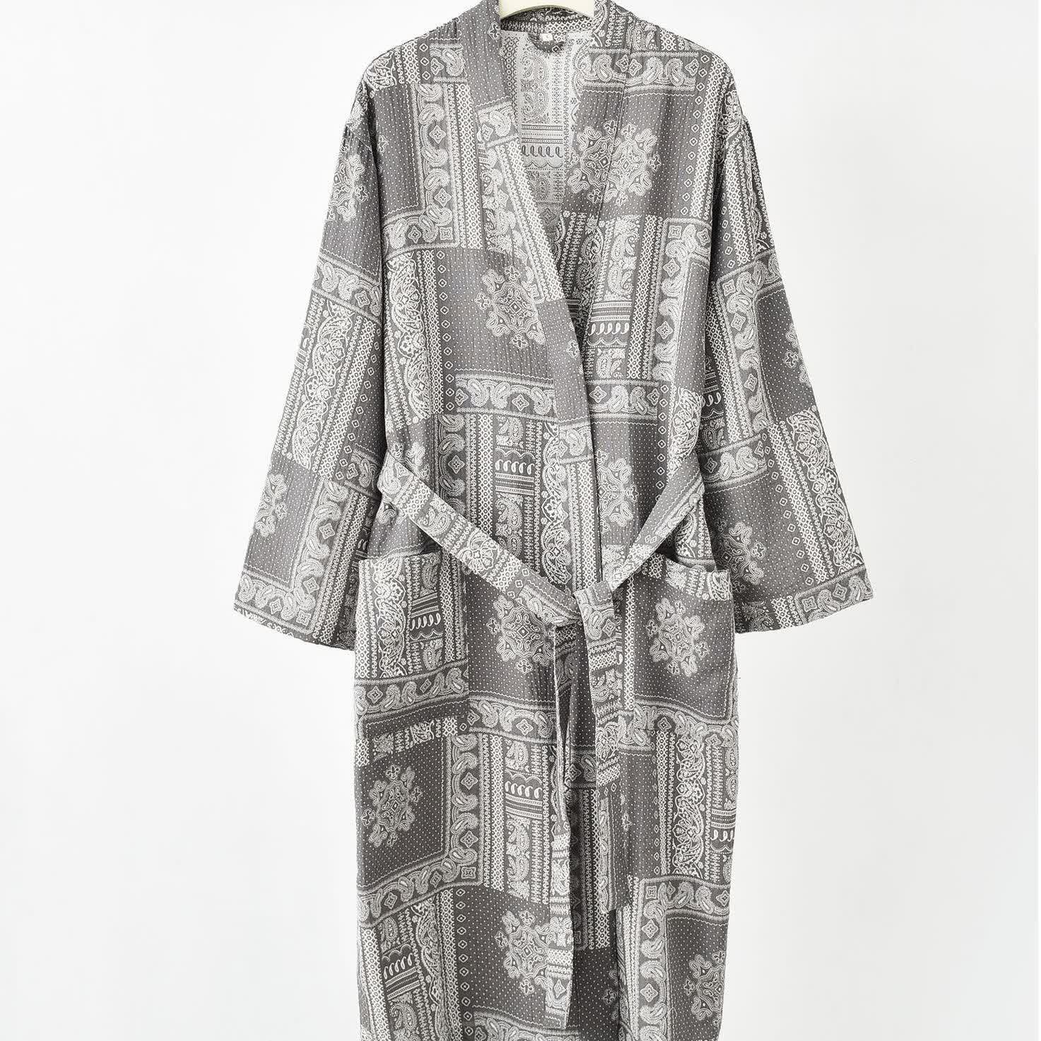 Jacquard Vintage Kimono Cotton Gauze Bathrobe - Gray - 2XL - image 5