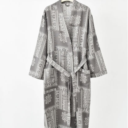 Jacquard Vintage Kimono Cotton Gauze Bathrobe - Gray - 2XL - image 5
