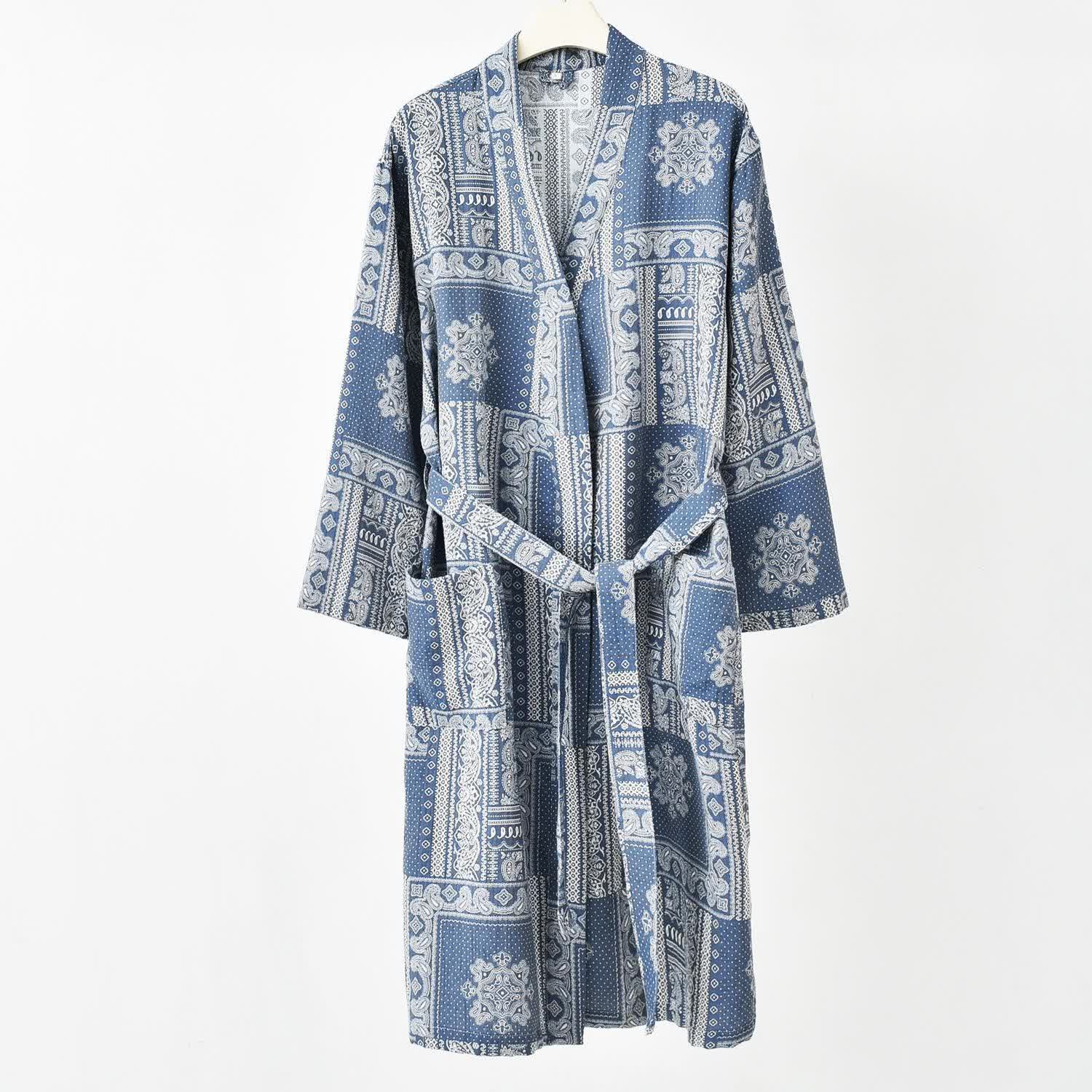 Jacquard Vintage Kimono Cotton Gauze Bathrobe - Gray Blue - 2XL - image 3