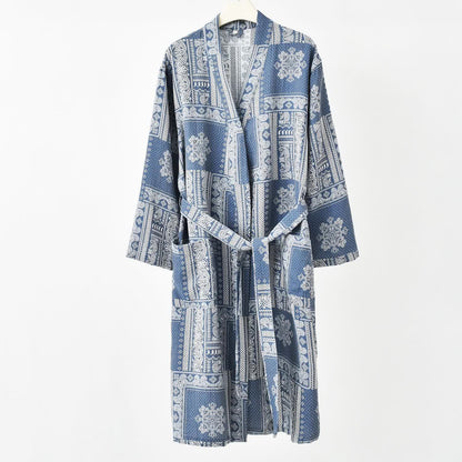 Jacquard Vintage Kimono Cotton Gauze Bathrobe - Gray Blue - 2XL - image 3
