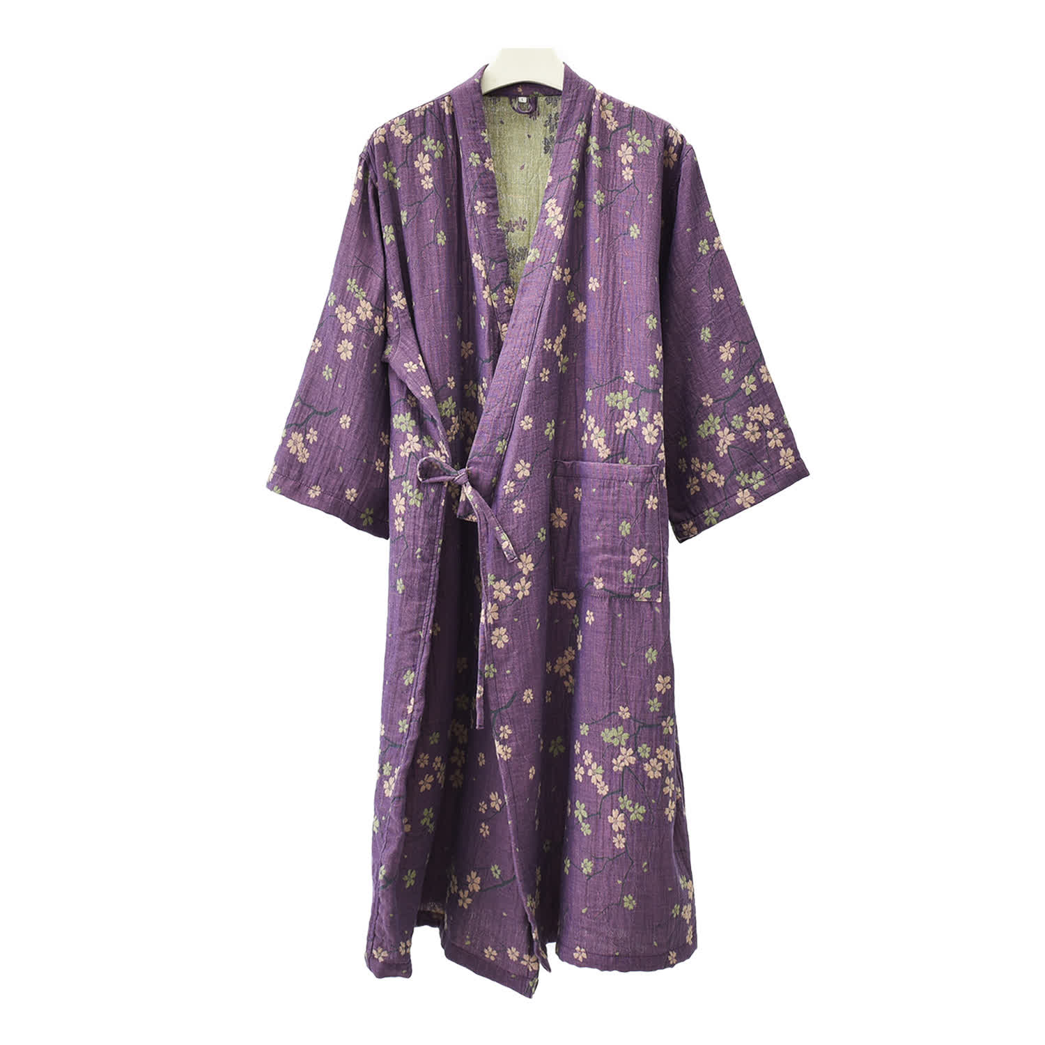 Jacquard Gauze Cotton Floral Lightweight Bathrobe - Purple - Asymmetrical Lapel - XL - image 6