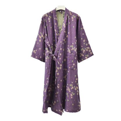 Jacquard Gauze Cotton Floral Lightweight Bathrobe - Purple - Asymmetrical Lapel - XL - image 6